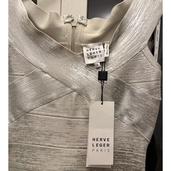 NWT Herve Leger Silver Criss Cross Foil Dress, Size Small 4-6. - Picture 4 of 7